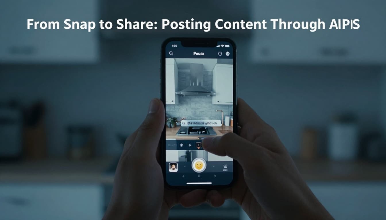 A single person in a modern kitchen snaps a photo with their phone camera and implies uploading to a social app interface, shown in a subtle action sequence with cinematic style, strong contrast, dramatic lighting on the glowing phone screen, and a muted cool blue palette.