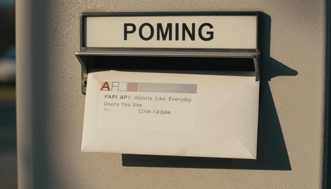 Close-up of a detailed postal address label on an envelope dropping into a mailbox slot, with street sign and house number visible in soft morning light and cinematic style.