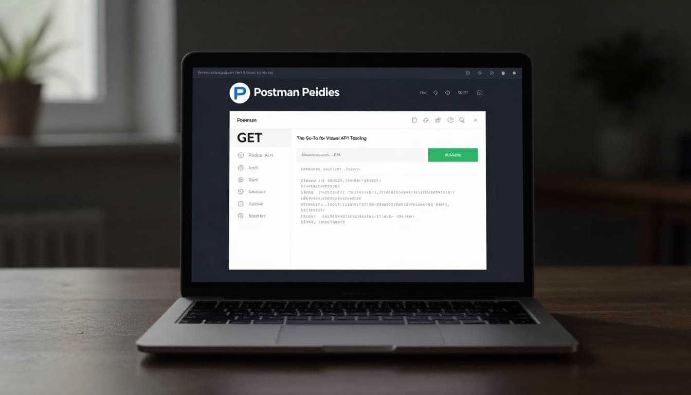 Laptop screen displaying the Postman API testing interface with a simple GET request setup and JSON response in a modern dark theme, centered on a desk with cinematic side lighting and soft shadows.