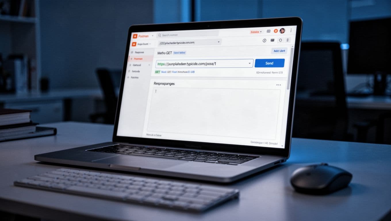 Laptop screen displaying Postman with a new HTTP GET request to jsonplaceholder.typicode.com/posts/1, Send button ready, in a cinematic office desk view.