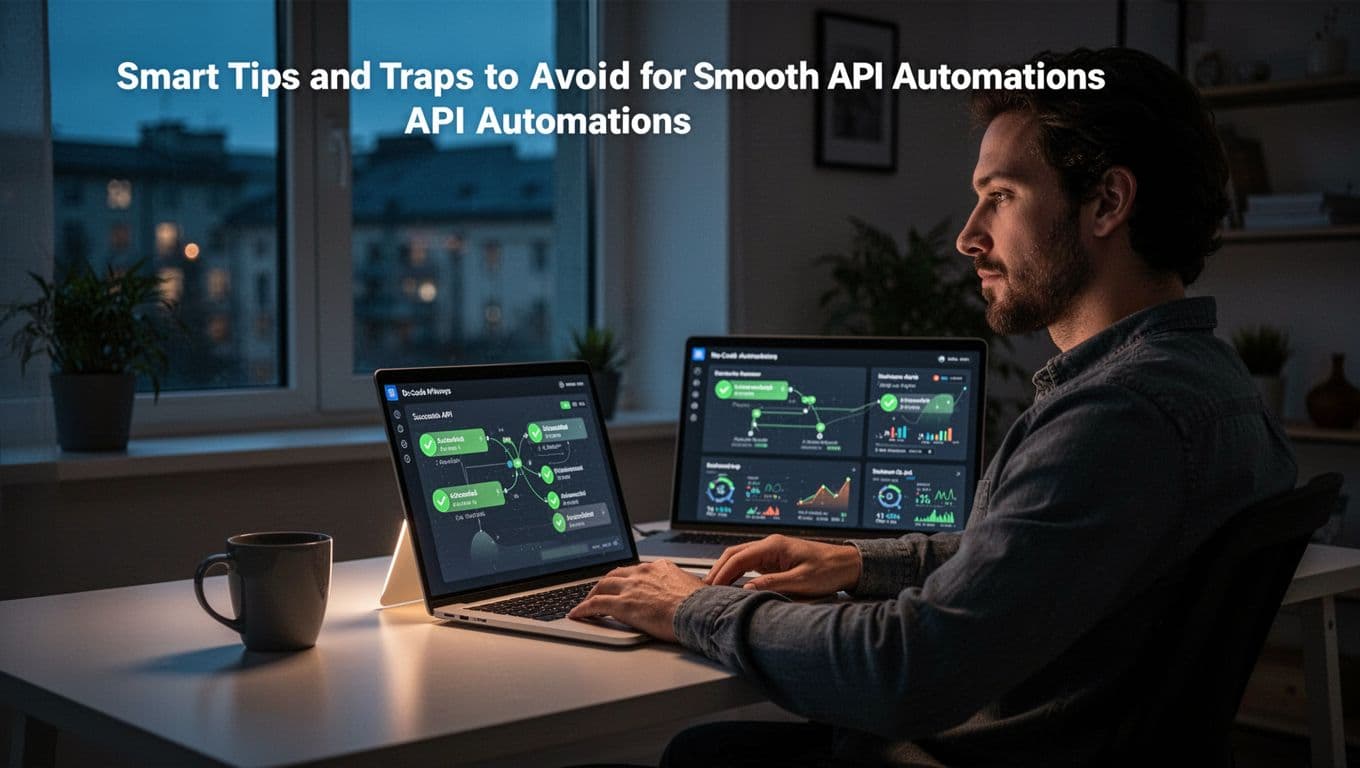 A focused professional in a modern evening home office monitors a no-code automation dashboard on a laptop, displaying successful API flows with green checkmarks and metrics, accompanied by a coffee mug and cinematic lighting.