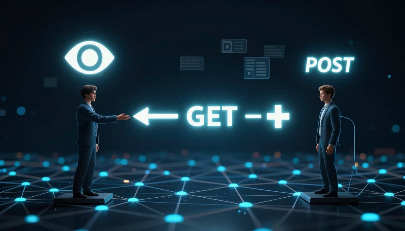 Abstract visualization of REST API workflow featuring client device sending request arrow to server, glowing HTTP methods symbols like GET and POST along the path, returning JSON data packets on a digital network background with cinematic lighting.