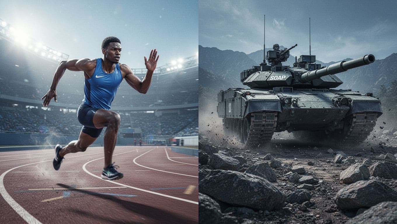 Split cinematic landscape image contrasting a lightweight sprinter dashing on a sunlit track representing REST with a heavy armored tank rumbling over rugged terrain representing SOAP, emphasizing performance and style differences.
