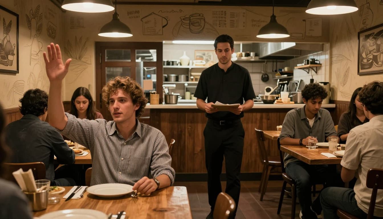 Cinematic restaurant interior showing a customer at a wooden table raising a hand to the waiter carrying a notepad to the kitchen door, with clear separation between dining area and kitchen. This illustrates the client-server separation principle in REST APIs using warm earthy tones and dramatic lighting.