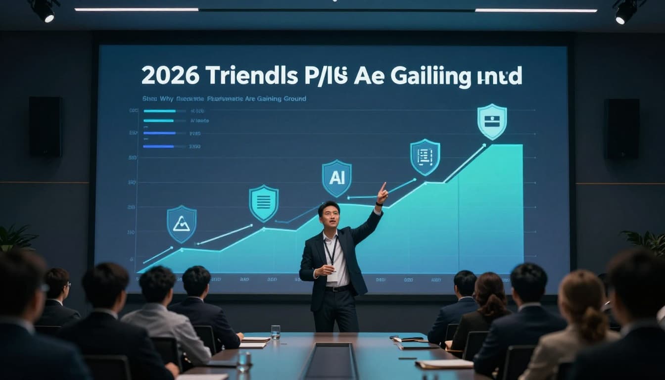Futuristic graph in a modern conference room depicts surging private API adoption with AI icons and security shields, as an analyst points relaxedly amid dramatic cinematic lighting.