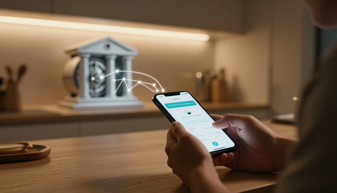 Customer at a desk in a modern kitchen uses a smartphone to complete an online purchase on an e-commerce app, with subtle glowing connection lines from the phone to an abstract bank vault icon representing API data flow, in cinematic style with dramatic lighting.