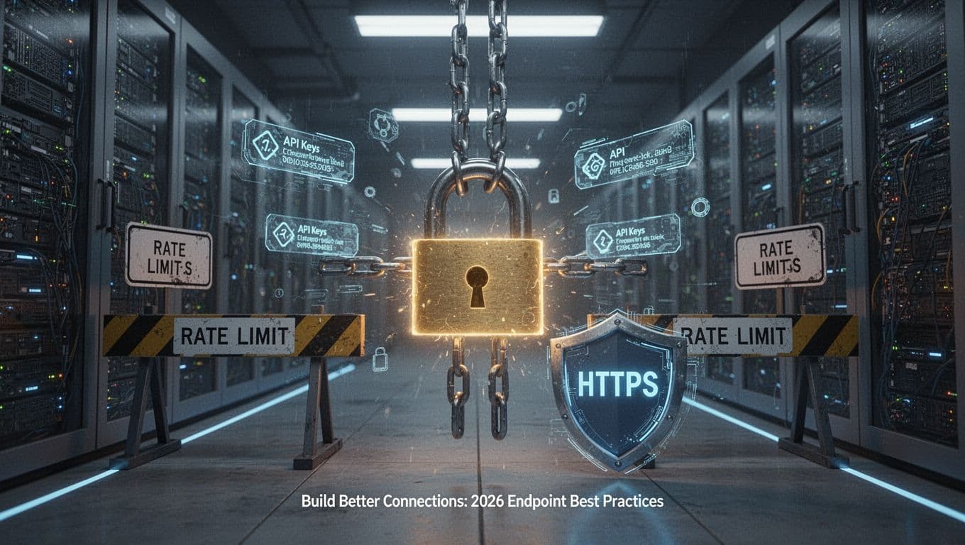 A glowing padlock secures a futuristic network gateway with floating API keys and rate limit barriers, protected by an HTTPS shield in a cinematic server room with blue hues and dramatic lighting.
