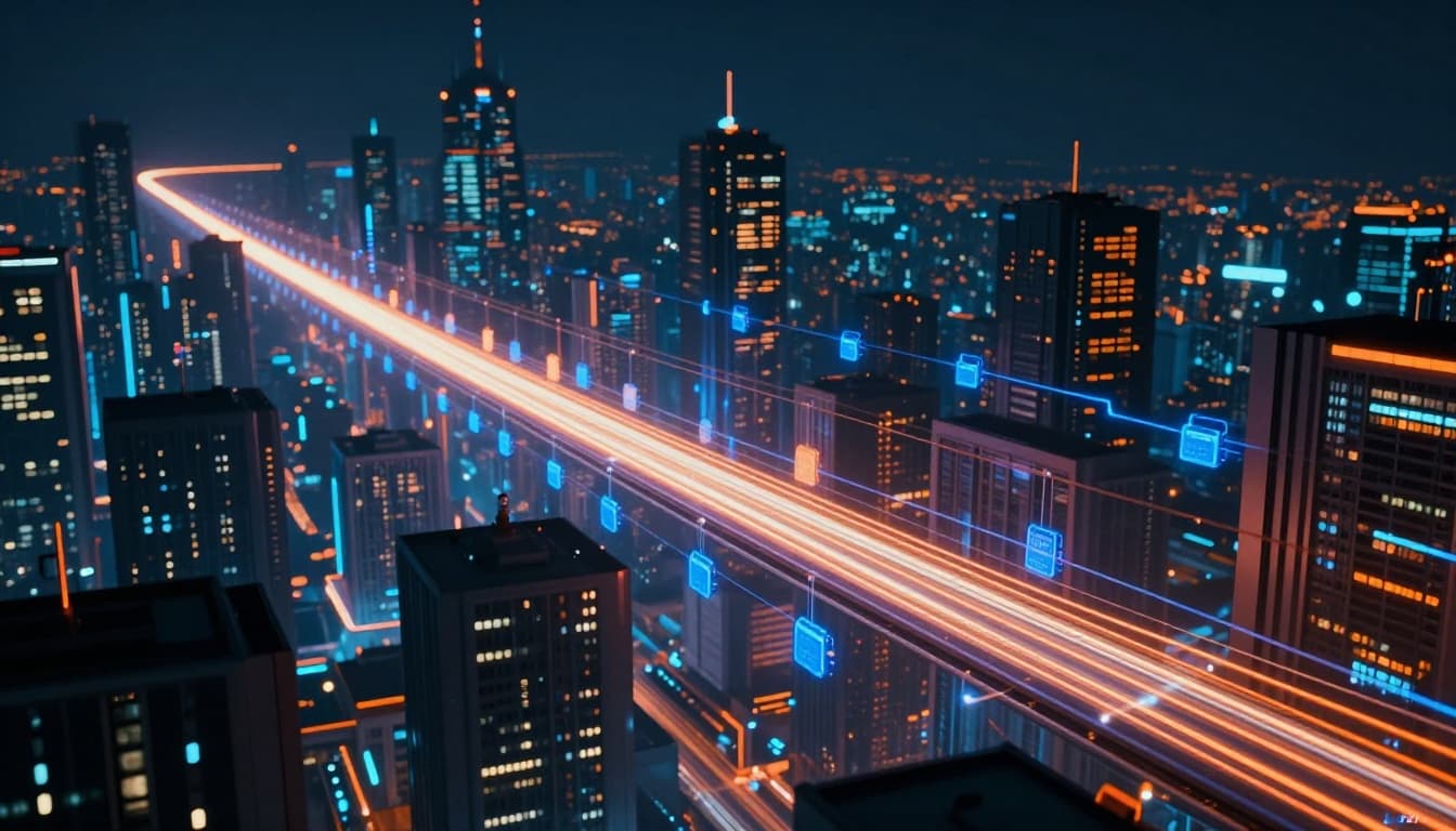 A digital packet races through glowing fiber optic cables and data centers across a futuristic neon-lit cityscape at night, symbolizing secure internet transmission in a cinematic style.