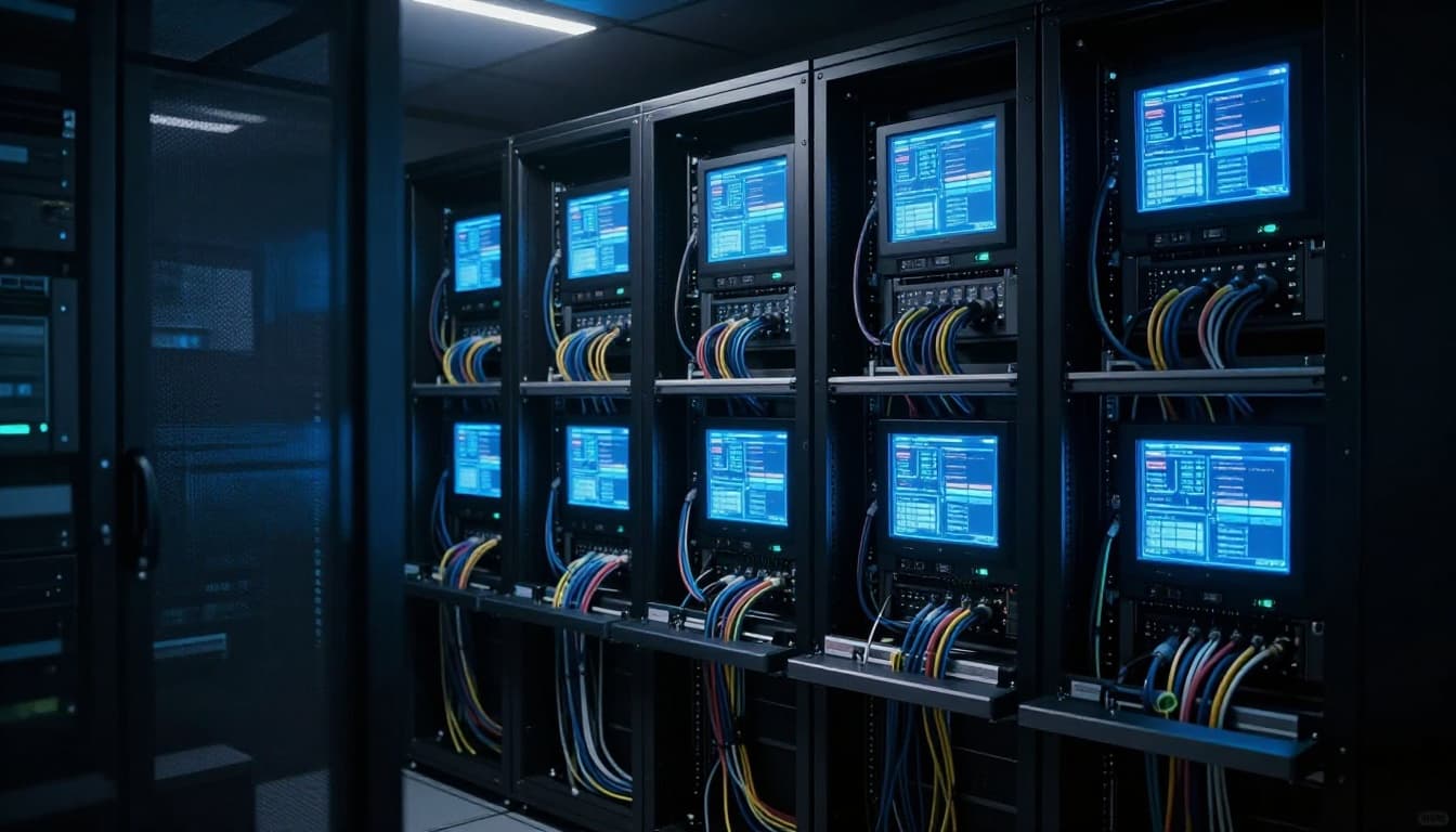 Secure server room with locked access panels and data flows between internal systems, dim lighting with glowing blue screens and cables, close-up on control panels and secure connections in cinematic style.