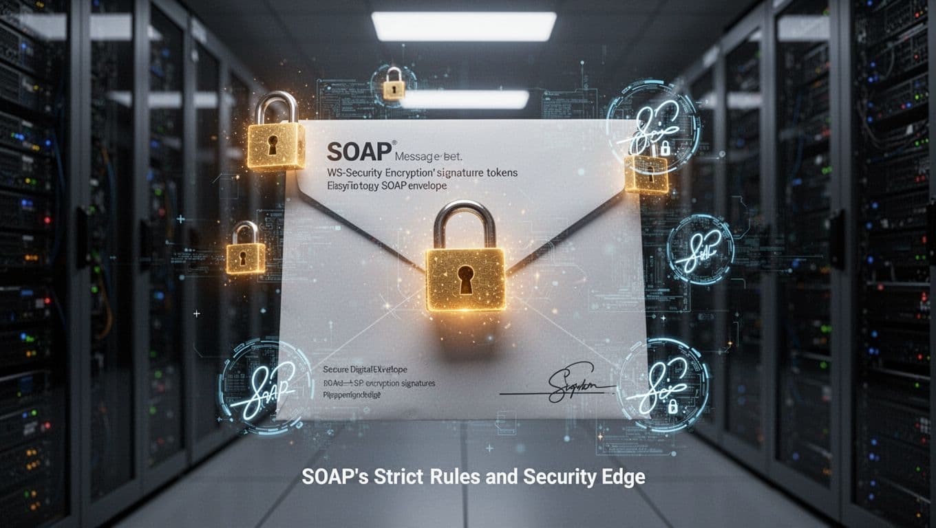 A glowing digital envelope representing a SOAP message, surrounded by encryption padlocks and digital signature icons, set in a dimly lit secure server room with blurred racks.