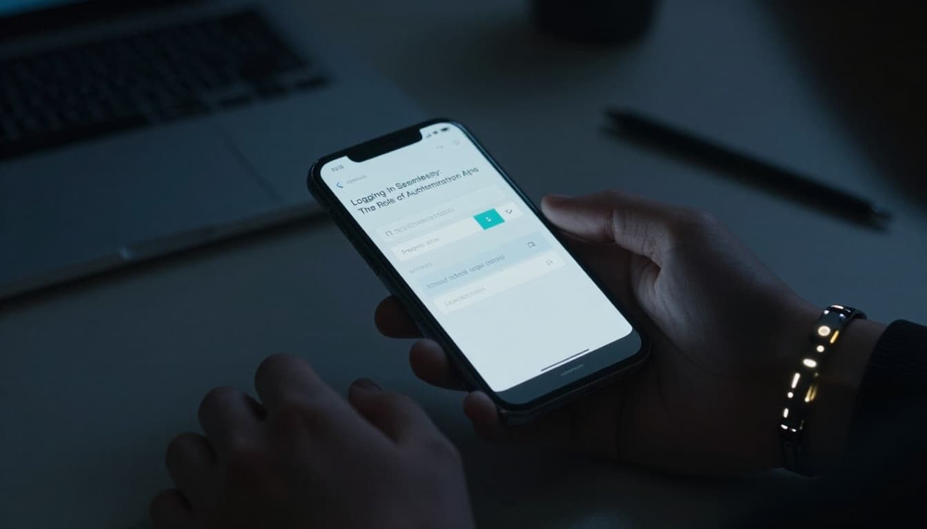 A cinematic close-up of a smartphone screen showing login credentials transforming into a glowing token wristband on a user's wrist in a dimly lit modern room with dramatic lighting.