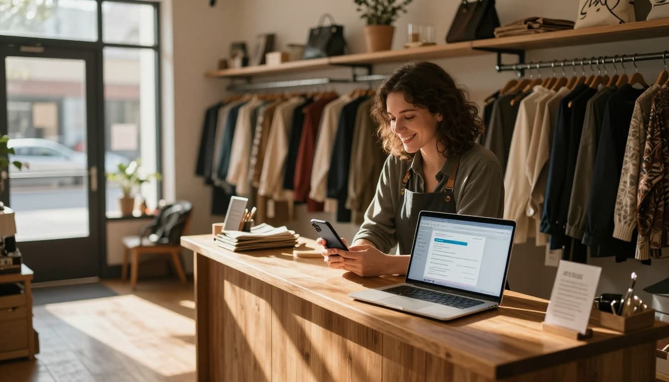 A cheerful small business shop owner stands behind a wooden counter in a cozy boutique store, smiling at a smartphone notification while a laptop displays a simple automation dashboard.