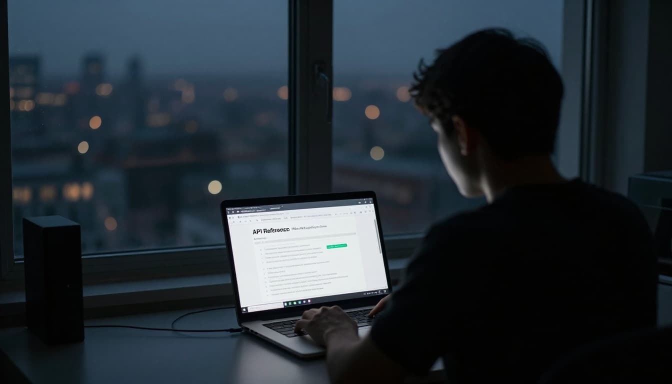 Silhouette of a developer seated at a desk with laptop open to API documentation tabs, illuminated screen against a dramatic city night view through the window. Cinematic style featuring strong contrast, depth, and muted blue-gray tones.
