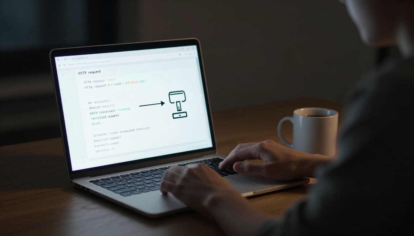 A solo software developer in a dimly lit home office focuses on a laptop screen displaying an HTTP request to an external server and the returning JSON data response, with a coffee mug nearby. Cinematic composition centers on the laptop flow with dramatic side lighting.