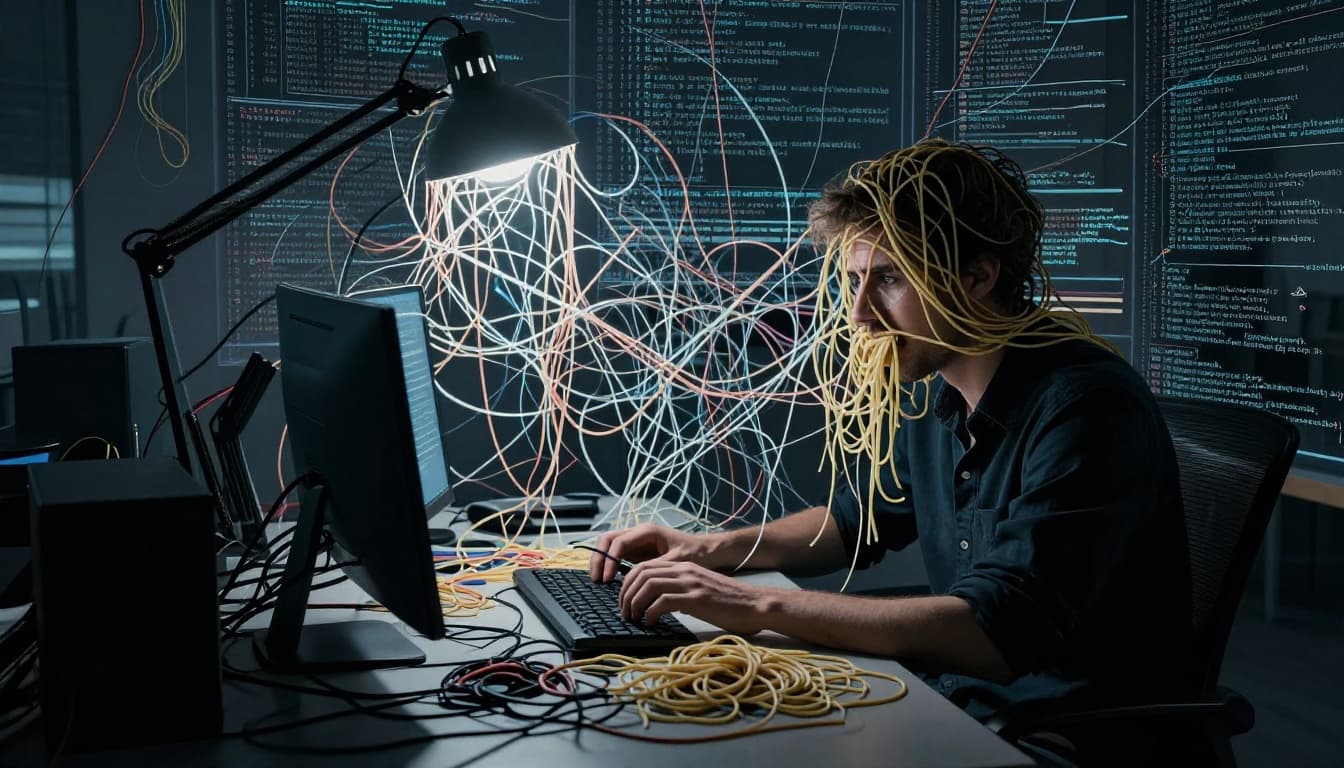 Tangled mess of colorful spaghetti code on a dark cluttered desk with multiple tangled wires and a frustrated developer in the background, in cinematic style with strong contrast and dramatic lighting from a single desk lamp.
