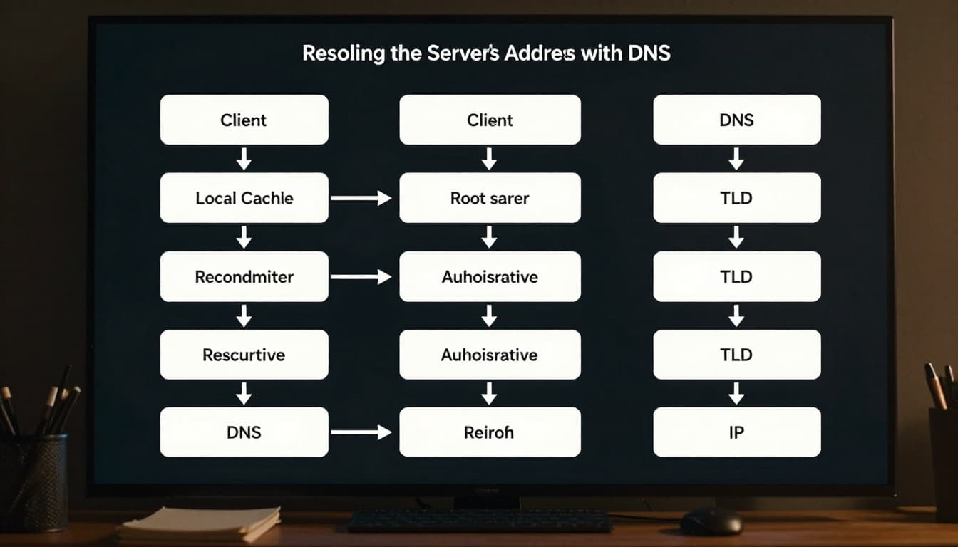 Step-by-step flowchart illustrating the DNS resolution process from client local cache query through recursive resolver, root server, TLD, to authoritative server returning IP address, with connected icons and arrows in cinematic style.