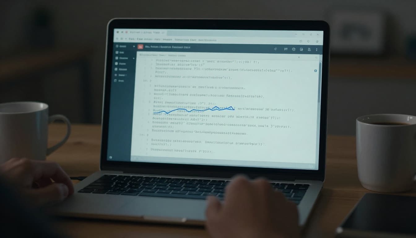 Close-up of a laptop screen glowing with blurred JSON API response data, coffee mug and notepad on a wooden desk under soft overhead light in cinematic style with dramatic contrast.