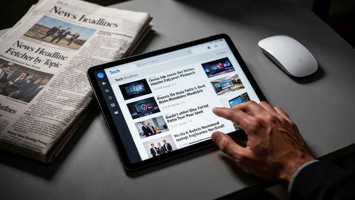 Tablet on a table showing blurred tech news headlines list with thumbnails, relaxed hand scrolling, newspaper and mouse nearby, dramatic overhead lighting in cinematic modern workspace.