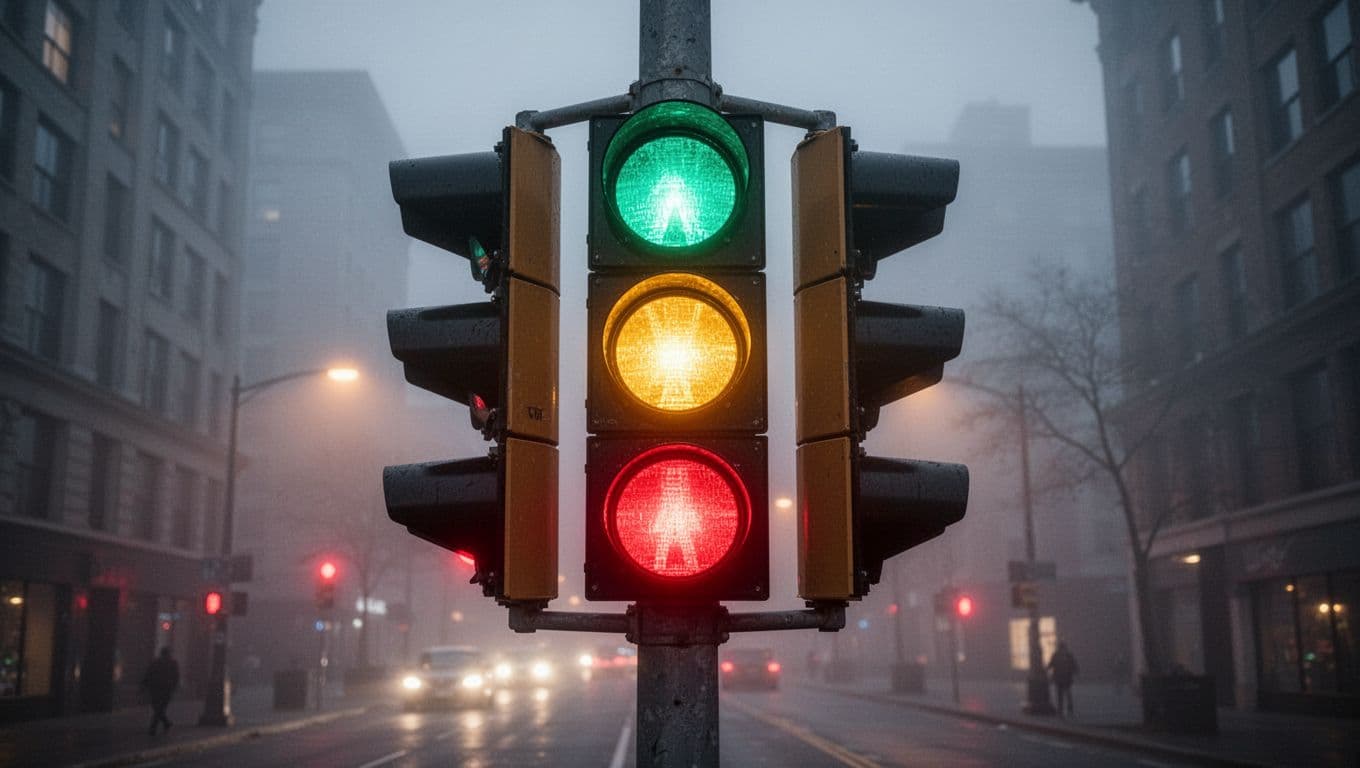 Three traffic lights on a metal pole in a foggy urban street at dusk, glowing brightly with green on top for success, yellow in the middle for warning, and red at the bottom for error, serving as a visual analogy for API status codes.