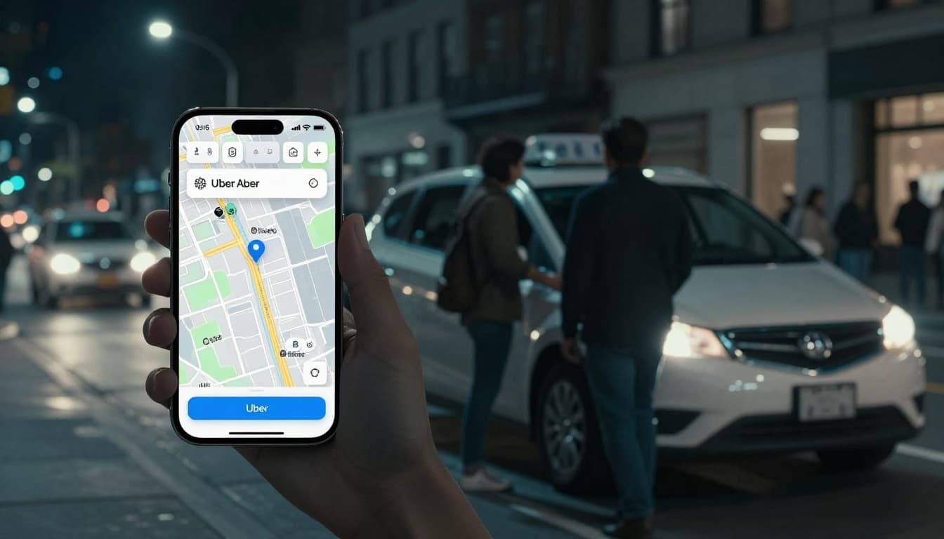 Vibrant city street at night with an Uber car pulling up via map integration on a glowing phone app screen, two people entering the vehicle, in cinematic style with dramatic lighting and muted blue-gray tones.