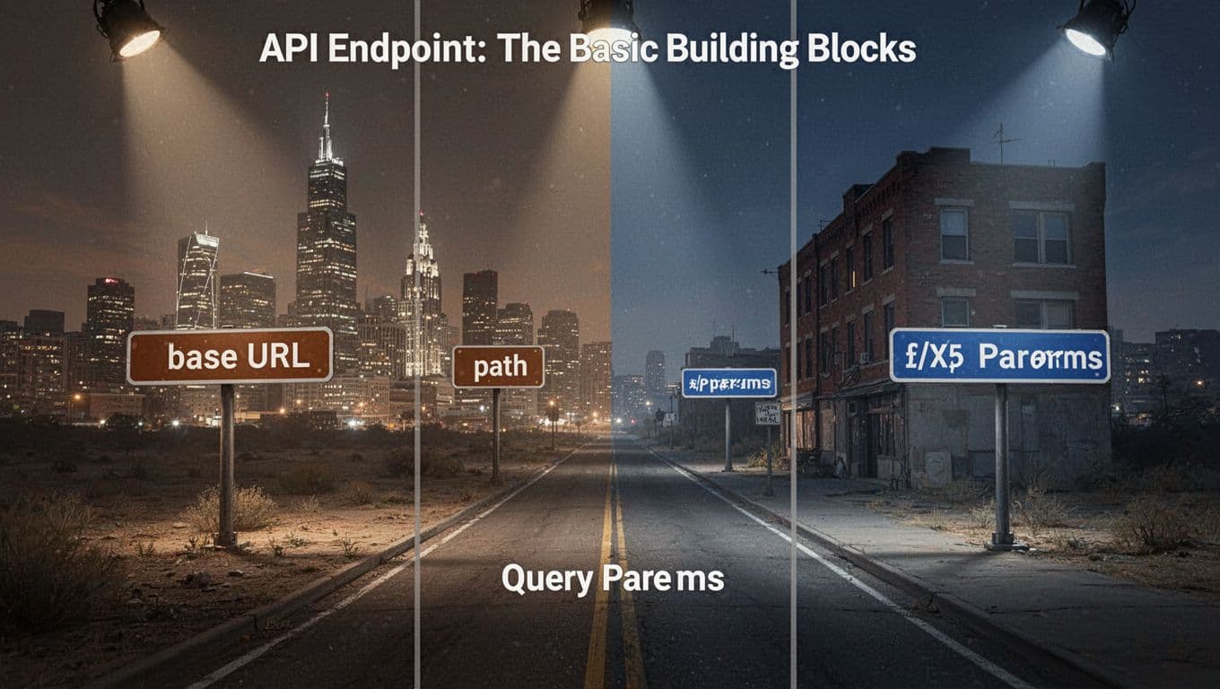 A split-image cinematic visualization of URL components: base URL as a dramatic city skyline, path as a street leading to a building, and query parameters as illuminated signs, in night lighting with strong contrast and earthy-to-blue tones.